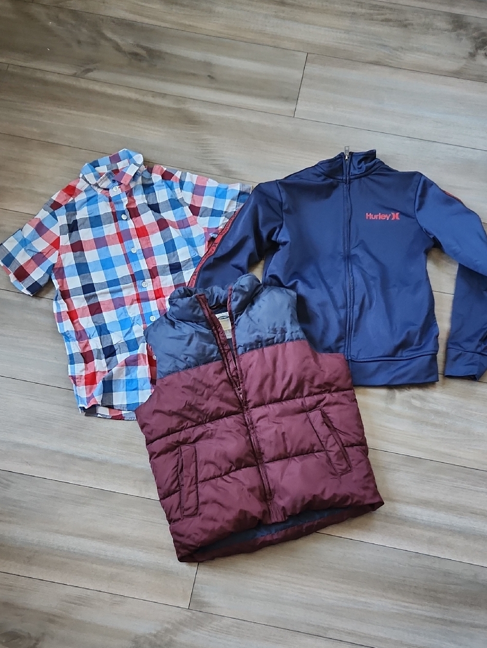 Boys Lot Hurley Zip Jacket with Multi-Color Plaid Shirt & Maroon Puffer Vest